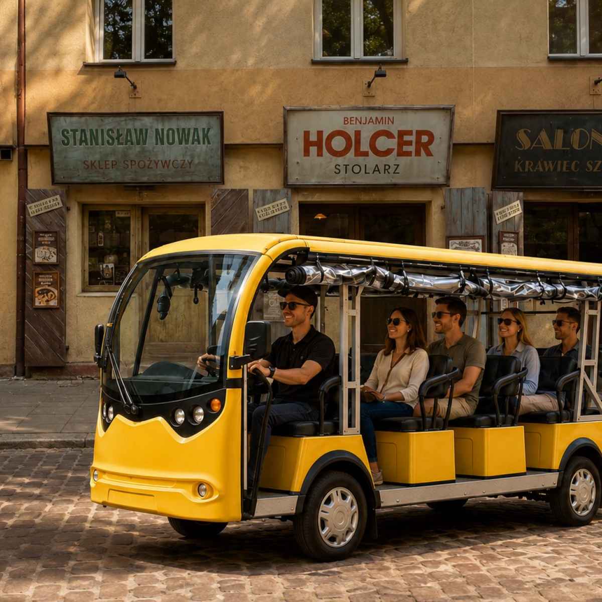 Gul elektrisk golfbil på rundtur i Kazimierz i Kraków