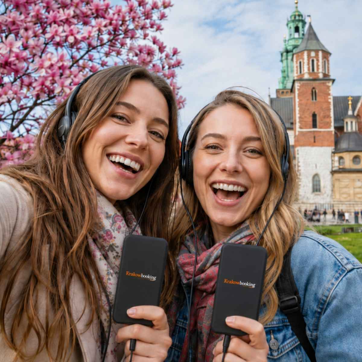 Vänner tar en selfie med KrakowBooking-audioguider på Wawelkullen i Kraków