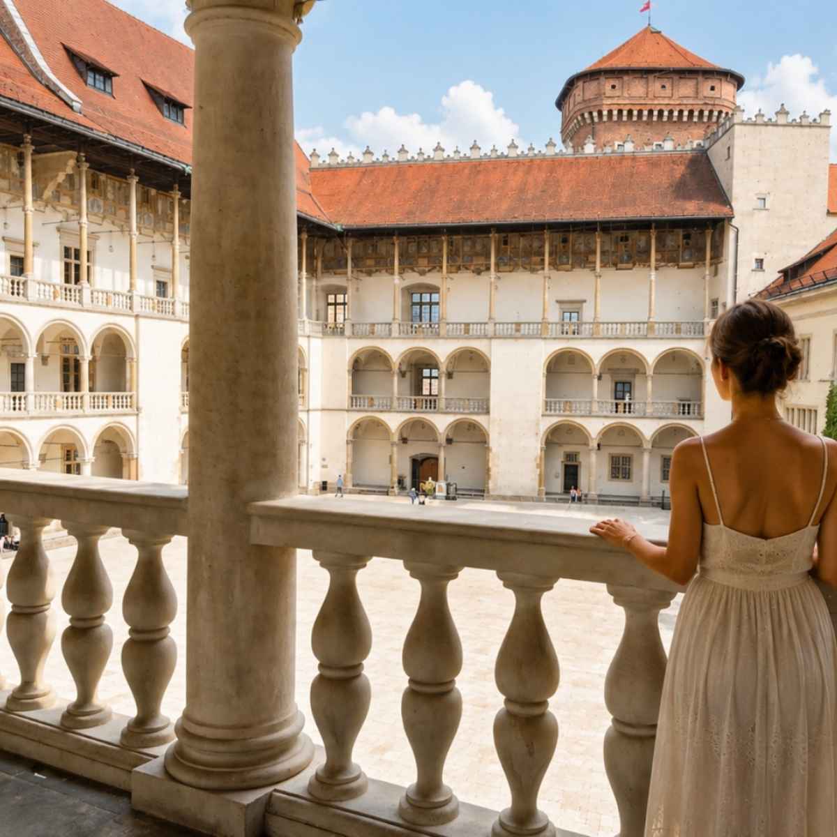 Kvinna i sommarklänning i Wawels klostergångar i Kraków