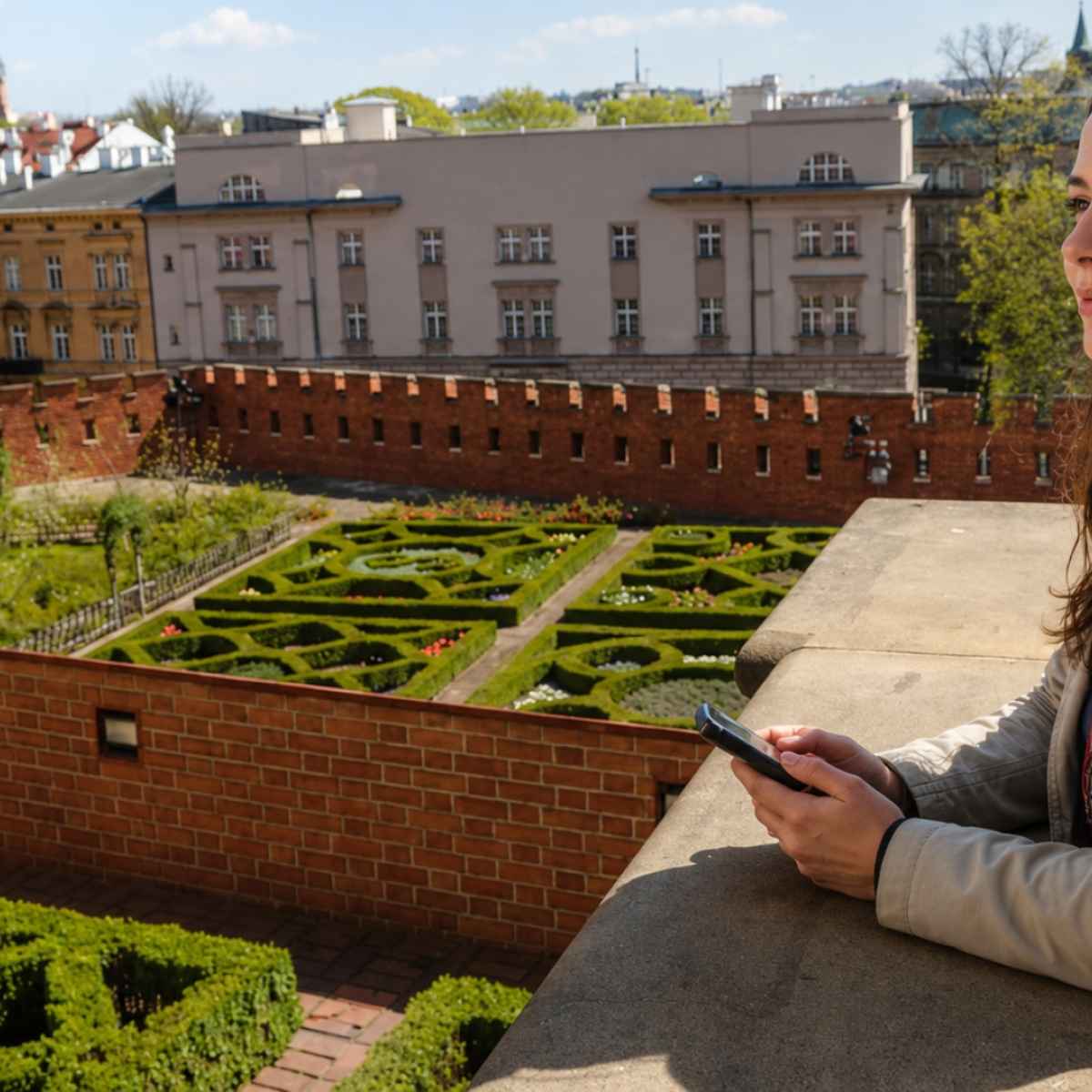 Kvinna lyssnar på en audioguide med utsikt över Wawels trädgårdar i Kraków